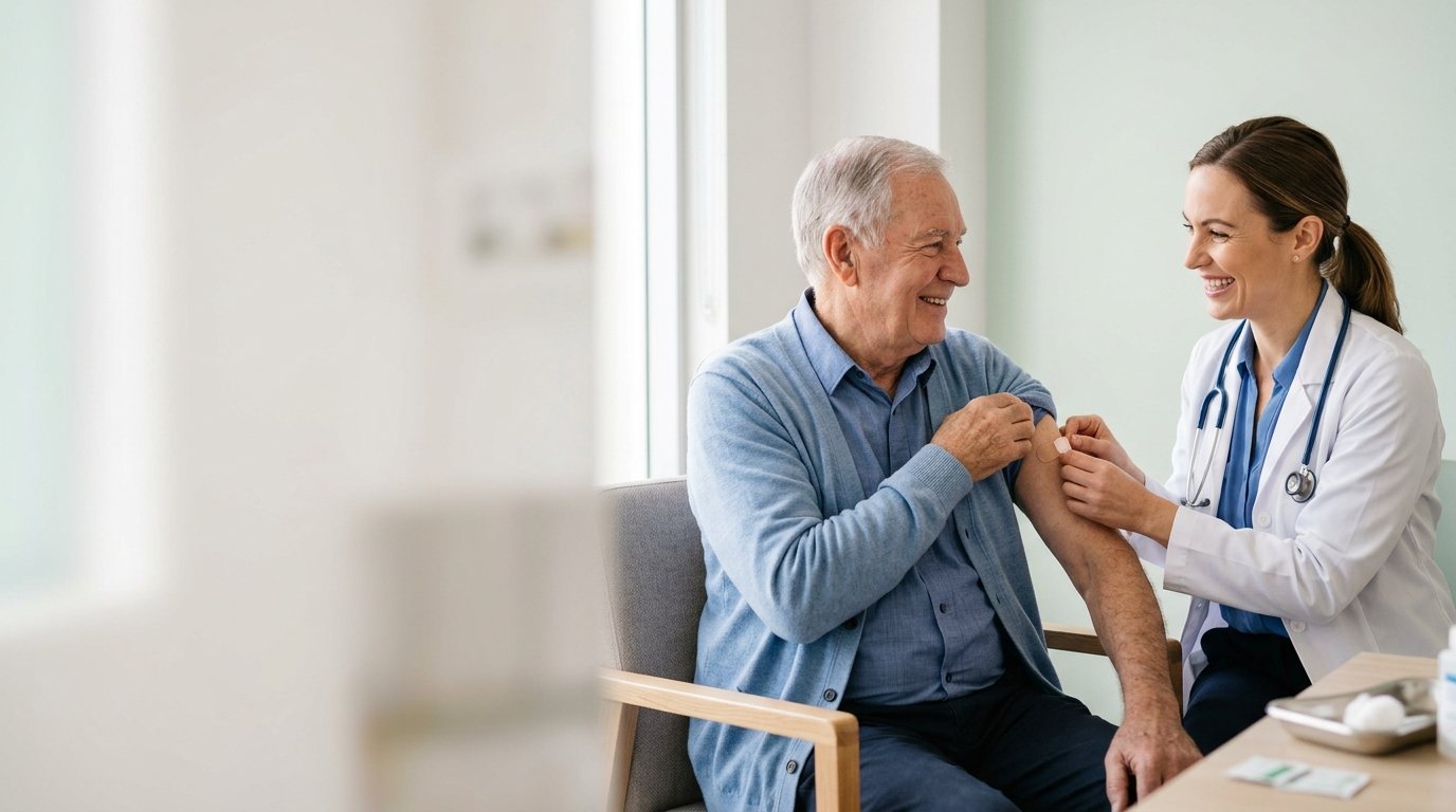 Juniper Avenue Medical Centre | COVID-19 Vaccine in Point Cook GP placing a bandage on an older man's arm after a COVID-19 vaccine in Point Cook
