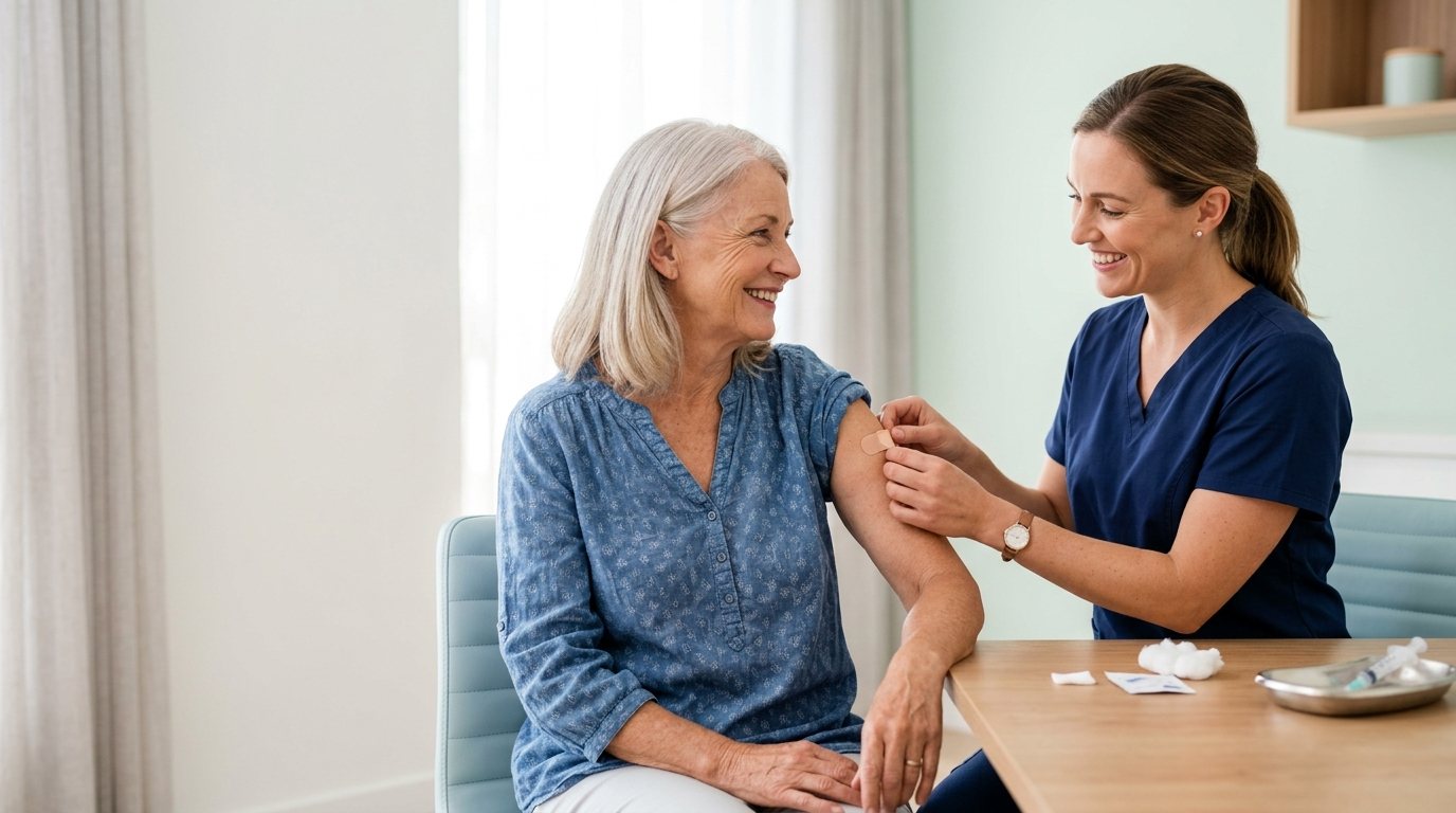 Juniper Avenue Medical Centre | Whooping Cough Vaccine in Point Cook Nurse placing a bandage on an older woman's arm after a whooping cough vaccine in Point Cook
